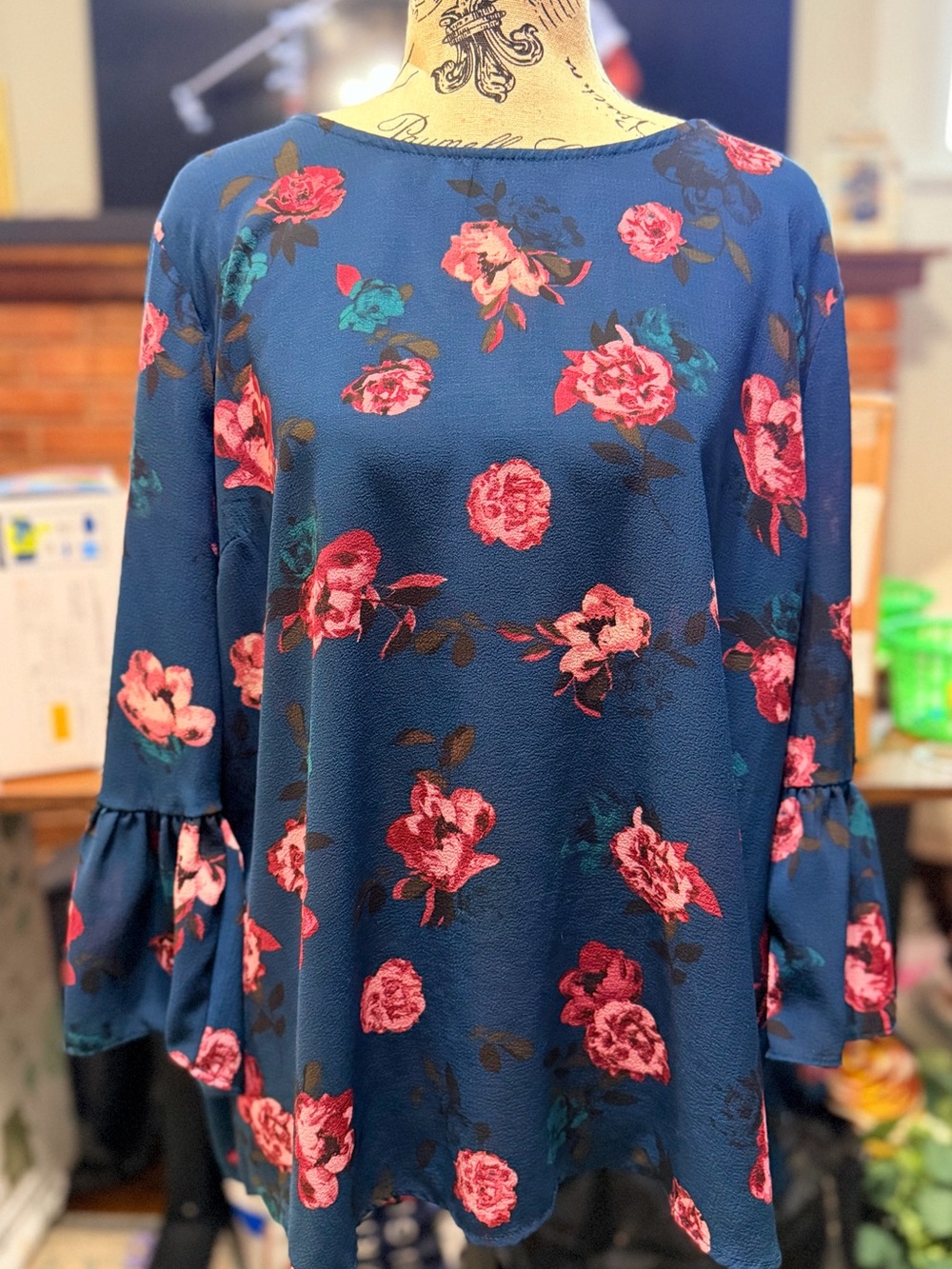 Elle Navy Floral Tunic with Pink Roses